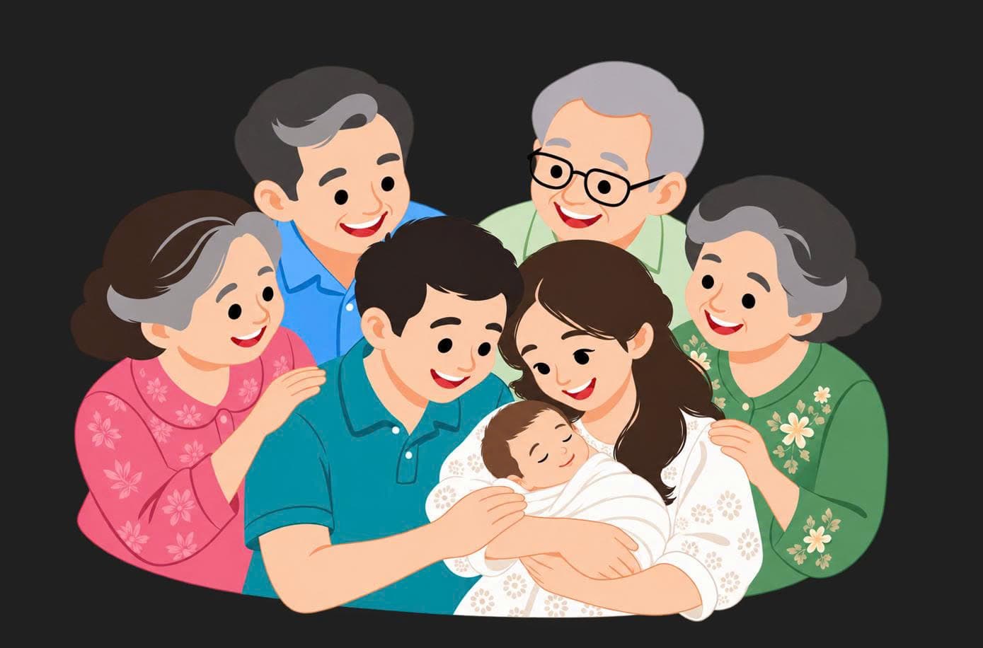 Gia đình nhiều thế hệ quây quần bên mẹ và em bé